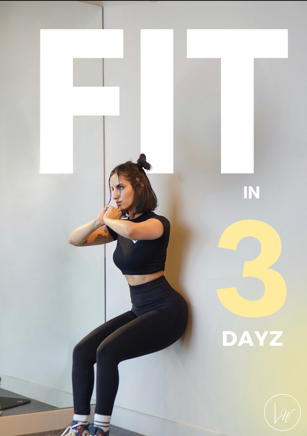 "Woman exercising at home with 'Fit in 3 Days' workout program, emphasizing fitness and health in a limited time."